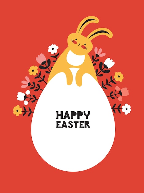 Cartaz de páscoa feliz com tipografia coelho de personagem de desenho animado no fundo de um ovo e flores conceito de caça ao ovo de páscoa moderno mínimo ilustração vetorial desenhada à mão em estilo escandinavo