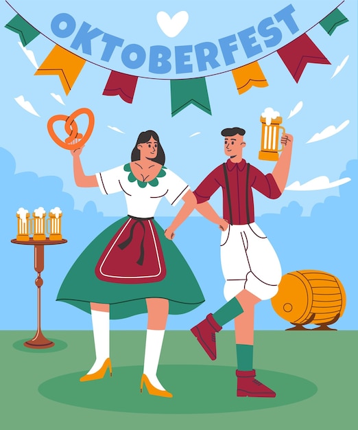 Cartaz de personagens da oktoberfest dança engraçada casal bávaro em trajes nacionais festival da cerveja alemã tradicional feriado de outono pessoas segurando copo de cerveja e conceito de vetor de pretzel