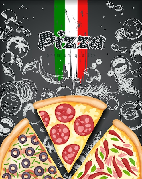 Vetor cartaz de pizza em cores. ilustração de anúncios de pizza saborosa