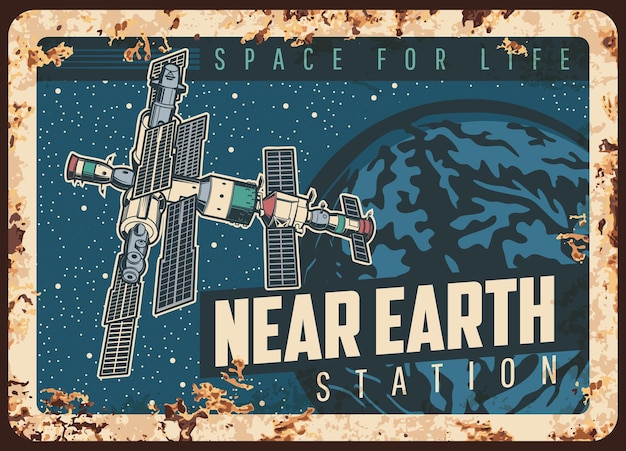Cartaz de placa de metal enferrujado perto da estação terrestre