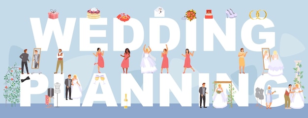 Cartaz de planejamento de casamento com letras e pessoas felizes