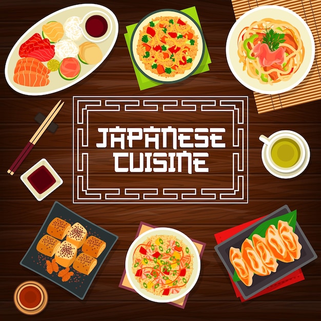 Vetor cartaz de pratos de almoço de capa de menu de culinária japonesa