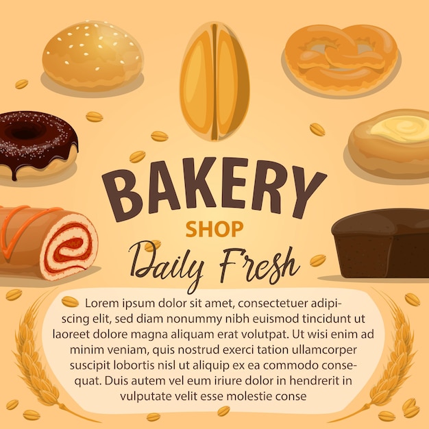 Vetor cartaz de produto de padaria com pão de trigo e pastelaria