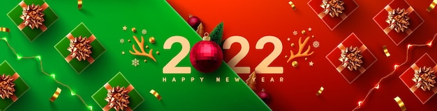Cartaz de promoção de ano novo 2022 ou banner com caixa de presente e elemento de natal