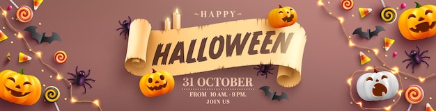 Vetor cartaz de promoção de halloween ou modelo de banner com doces fantasmas de abóbora de halloween e luzes de corda