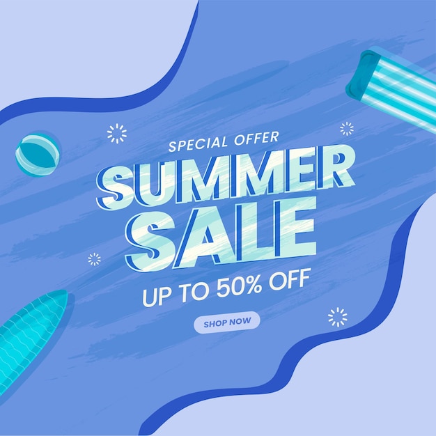Cartaz de promoção de verão com oferta de desconto de 50% e elemento de natação