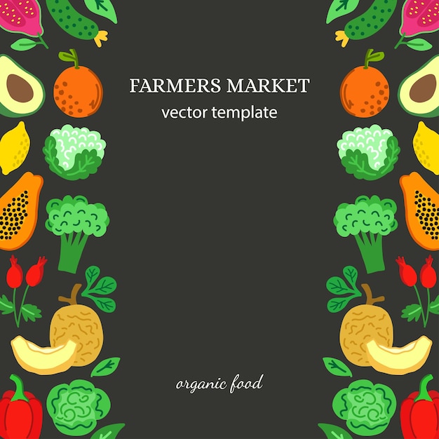 Cartaz de publicidade de modelo vetorial com vegetais e frutas plana dos desenhos animados.