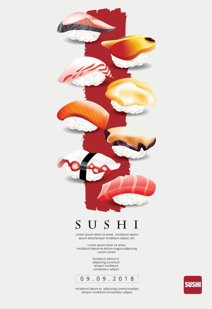 Vetor cartaz, de, restaurante sushi, vetorial, ilustração