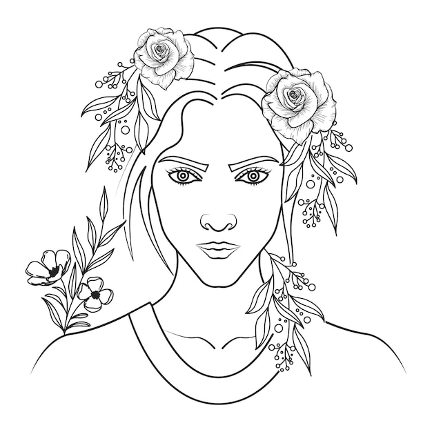 Cartaz de retrato de mulher de arte de linha, impressão de flores femininas de desenho mínimo