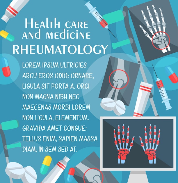 Vetor cartaz de reumatologia com osso e raio x articular