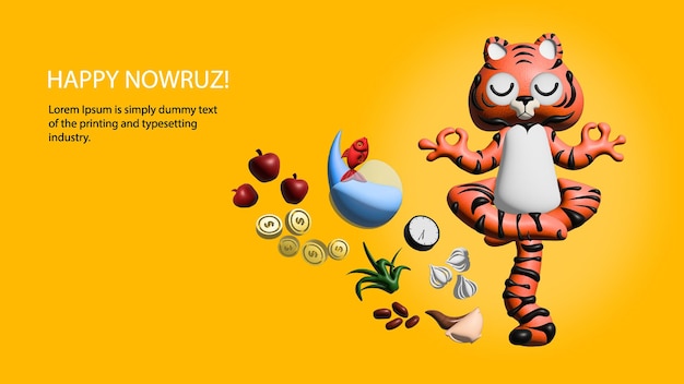 Cartaz de saudação Nowruz Tigre e sete cenas projetam ilustração 3d