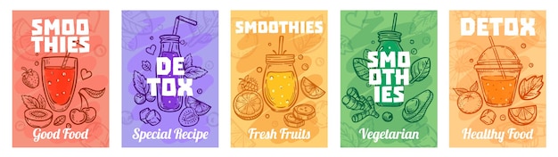 Cartaz de smoothie de desintoxicação. Smoothies de boa comida, sucos para um estilo de vida saudável e conjunto de ilustração de sucos frescos coloridos.