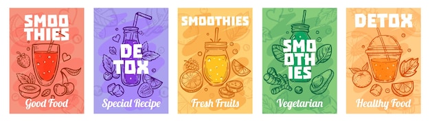 Cartaz de smoothie de desintoxicação. smoothies de boa comida, sucos para um estilo de vida saudável e conjunto de ilustração de sucos frescos coloridos.