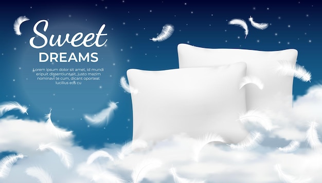 Cartaz de sonho realista com almofada macia, nuvem e penas. Relaxe, descanse e durma o conceito com o céu noturno. Publicidade de vetor de almofada de algodão. Dormindo confortável em nuvens fofas no céu