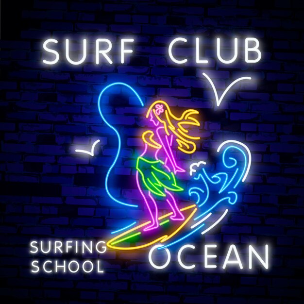 Cartaz de surf no estilo de néon