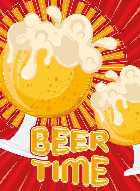 Vetor cartaz de tempo de cerveja copo de cerveja com ilustração vetorial de espuma