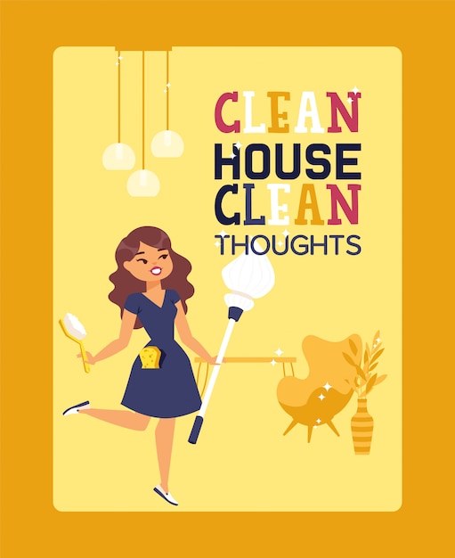 Vetor cartaz de tipografia casa limpa com citações inspiradas, motivação para o trabalho doméstico