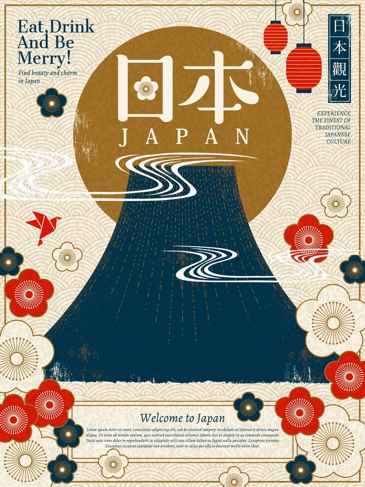 Vetor cartaz de turismo no japão, montanha fuji e flor de cerejeira em estilo serigrafia, tour no japão e nome do país em japonês no canto superior direito e no meio