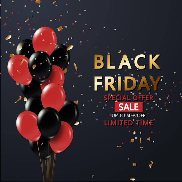 Vetor cartaz de venda de sexta-feira negra com balões vermelhos e pretos e confetes em um fundo preto rótulo vetorial do elemento de design de venda de sexta-feira negra para cartões postais de panfletos de banners