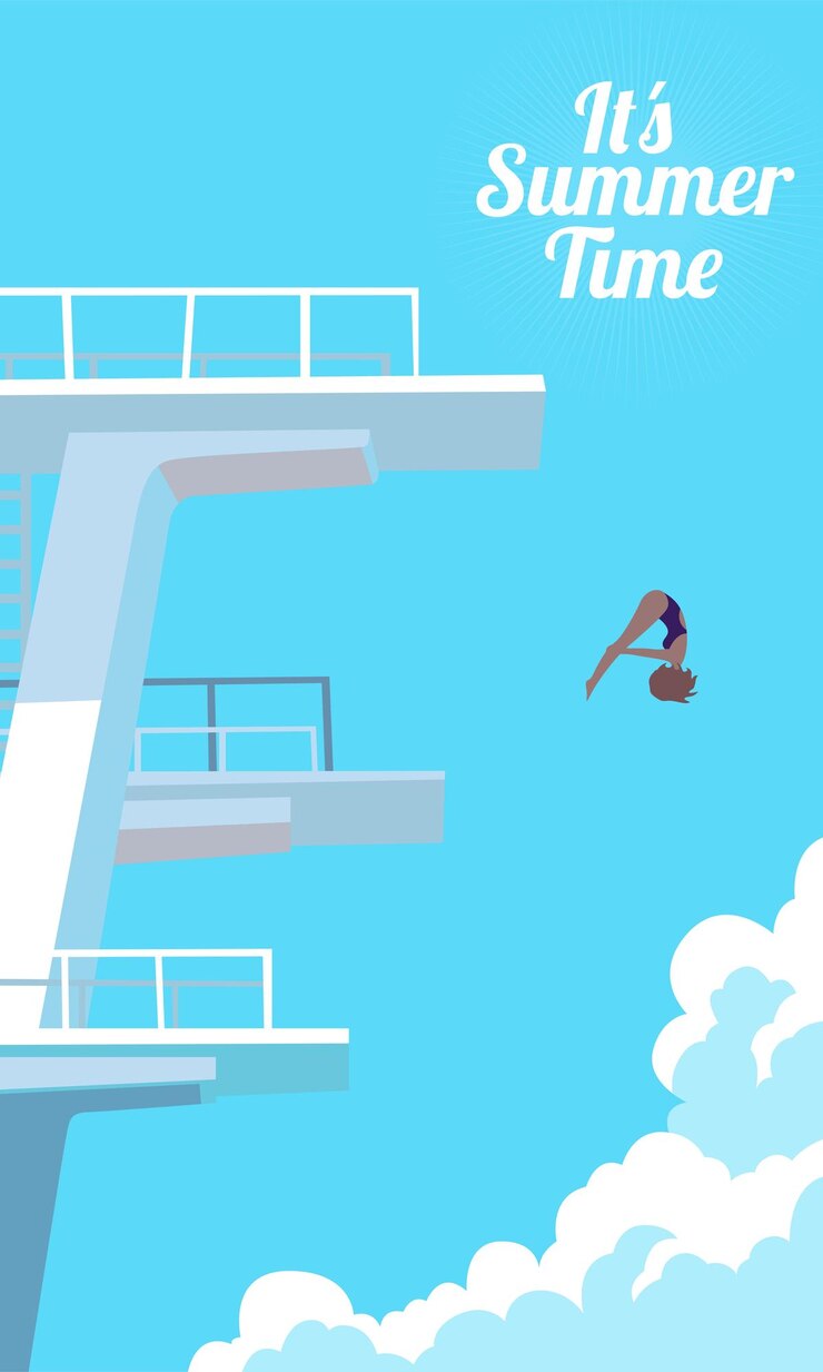 Vetor cartaz de verão e ilustração de papel de parede de banner de um nadador pulando alto em uma piscina