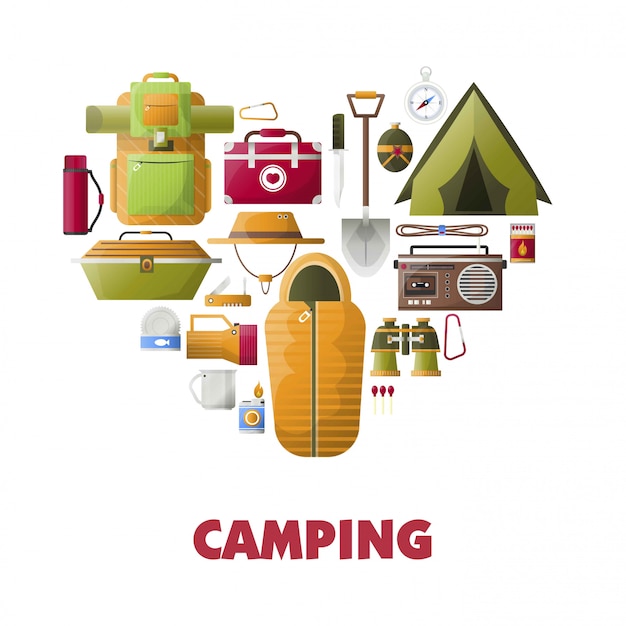 Cartaz de vetor acampamento de acampamento de ícones de ferramentas de acampamento