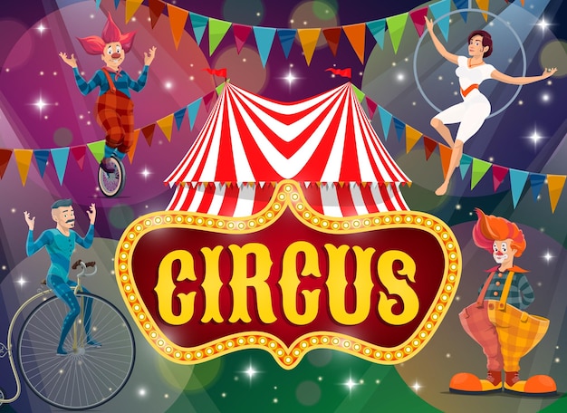 Cartaz de vetor de artistas de show de circo de tenda grande