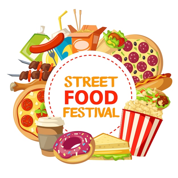 Vetor cartaz de vetor de festival de comida de rua e fastfood