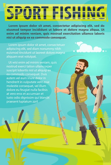 Cartaz de vetor de pesca esportiva de pescador vetorial