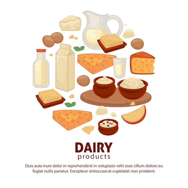 Vetor cartaz de vetor de produtos lácteos de leite e produtos lácteos