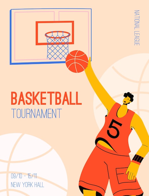 Cartaz de vetor do torneio de basquete no conceito de liga nacional. jogador jogando a bola na cesta de basquete. design de convite de competição esportiva.