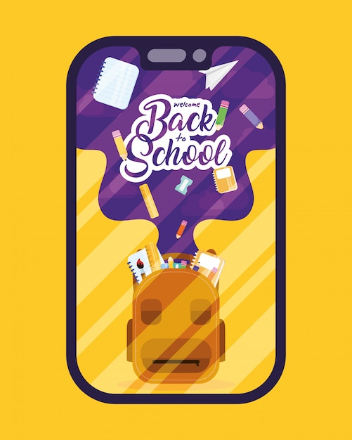 Cartaz de volta às aulas com mochila e material no smartphone