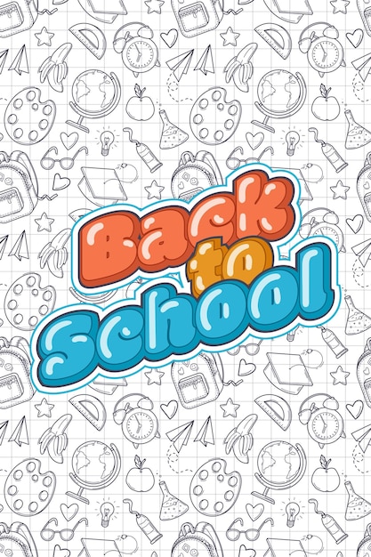 Cartaz de volta às aulas Texto brilhante no fundo do padrão sem costura no estilo doodle