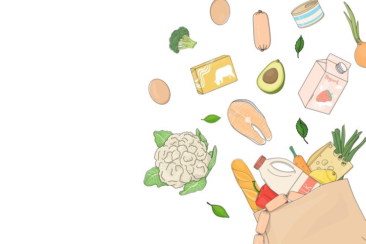 Vetor cartaz desenhado à mão com mantimentos e legumes em um fundo branco e um lugar para o seu texto
