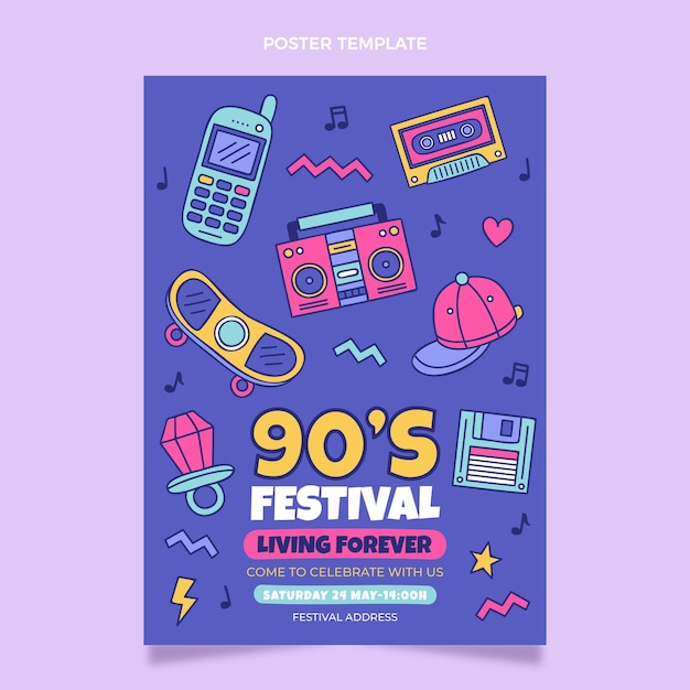 Cartaz desenhado à mão do festival de música nostálgica dos anos 90