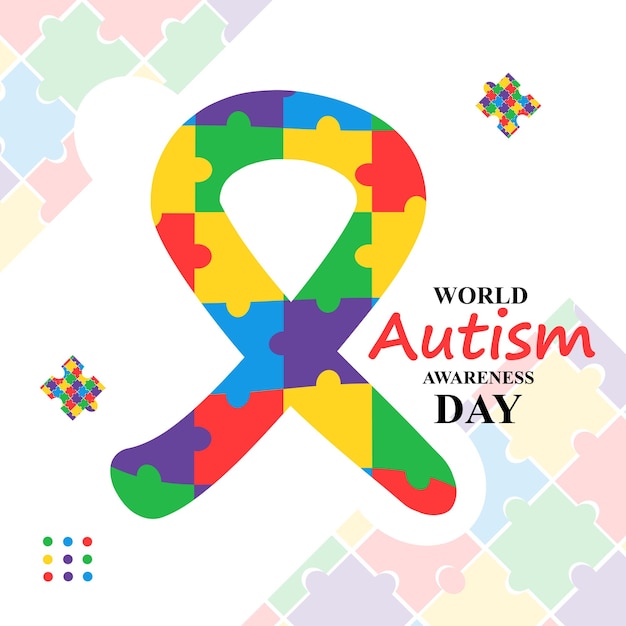 Cartaz dia mundial de conscientização sobre o autismo fita quebra-cabeça jigsaw desenho de ilustração vetorial colorido