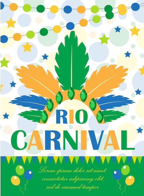 Cartaz do carnaval do rio, convite, folheto. modelo para seu projeto. festival brasileiro, fundo de máscaras. conceito de festa do brasil. ilustração vetorial