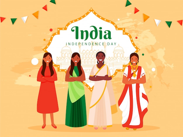 Cartaz do dia da independência da índia com religião diferente grupo feminino e linha arte famosos moniuments em fundo laranja pastel.