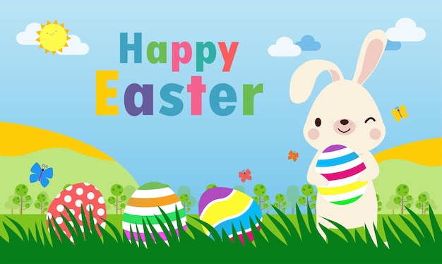 Cartaz do dia de Páscoa feliz design plano de desenho animado Little Rabbit Bunny com cartão de saudação ovo de Páscoa