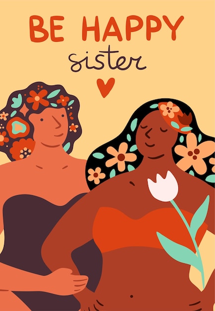 Cartaz do Dia Internacional da Mulher Belo retrato feminino Flores bonitas em cabelos longos Cartão festivo Penteado com flores Solidariedade da irmandade Cartão postal de férias vetorial