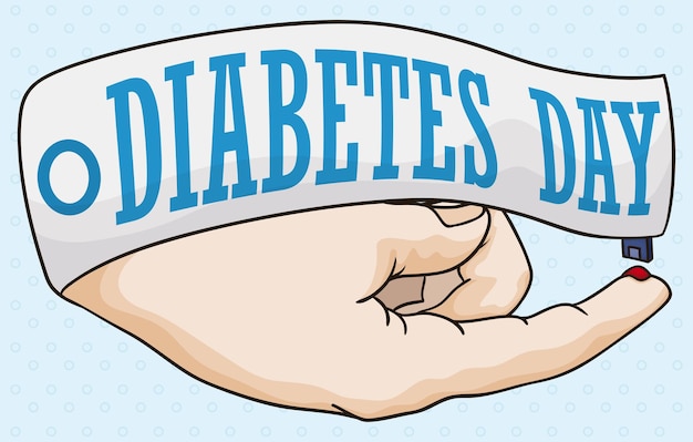 Vetor cartaz do dia mundial do diabetes com fita e uma mão ensinando como medir seu nível de glicose