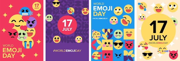 Vetor cartaz do dia mundial emoji e modelo de vetor geométrico de cartão de saudação conjunto de coleção de 17 de julho emoji