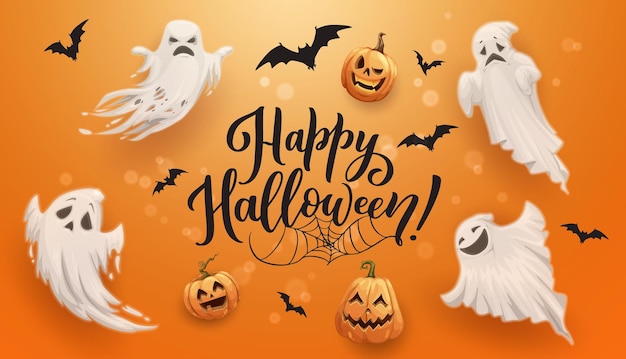 Cartaz do feriado de Halloween com fantasmas e abóboras