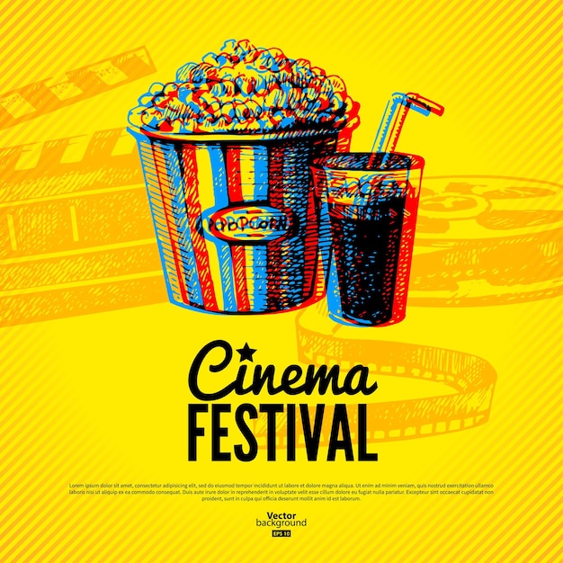 Cartaz do festival de cinema. fundo do vetor com ilustrações desenhadas à mão