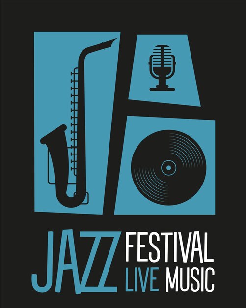 Cartaz do festival de jazz com design de ilustração vetorial de saxofone e instrumentos