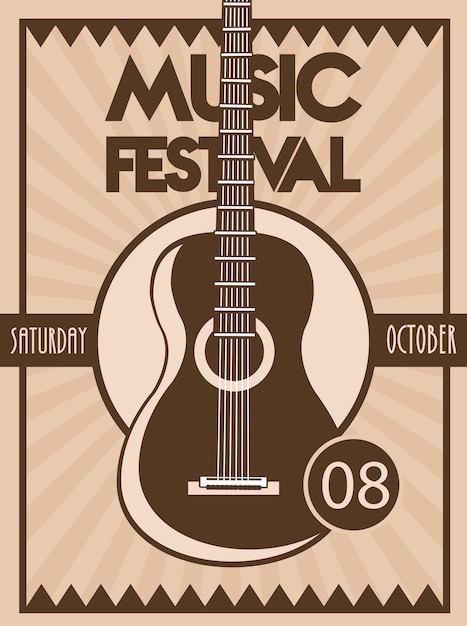 Cartaz do festival de música com instrumento acústico de guitarra em fundo vintage.