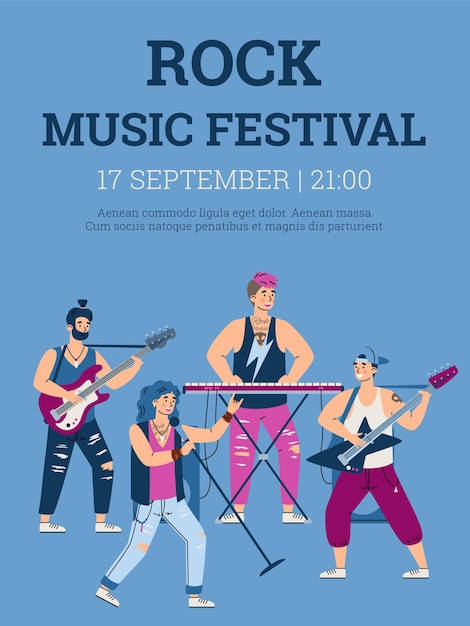 Cartaz do festival de música rock com ilustração vetorial de desenho animado de banda de rock