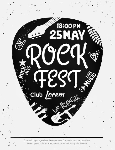 Vetor cartaz do festival de rock vintage com ícones do rock and roll em fundo grunge. formato