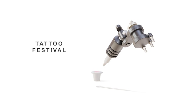 Vetor cartaz do festival de tatuagem 3d máquina de tatuagem agulhas de tatuagem e frasco de plástico para tatuagem