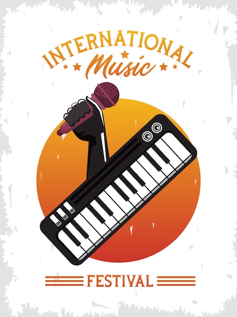 Cartaz do festival internacional de música com microfone e piano para levantamento de mão