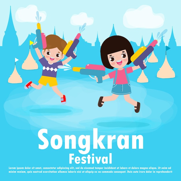 Cartaz do festival songkran com crianças segurando uma pistola d'água